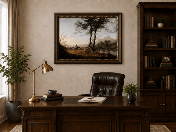 Framed hand-painted riverside path oil painting with figures, a horse and sheep displayed above a traditional home office desk.