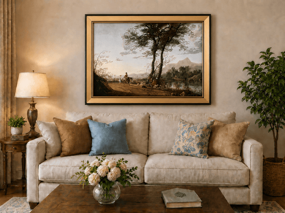 Framed hand-painted riverside path oil painting with figures, a horse and sheep displayed above a neutral living room sofa.