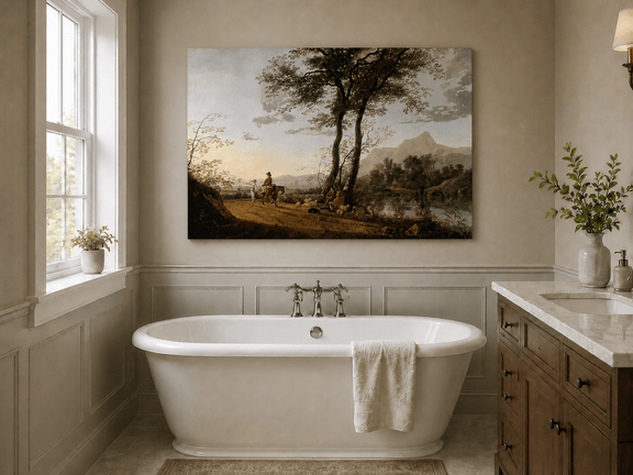 Unframed hand-painted riverside path oil painting with figures, a horse and sheep displayed above a freestanding bathtub.