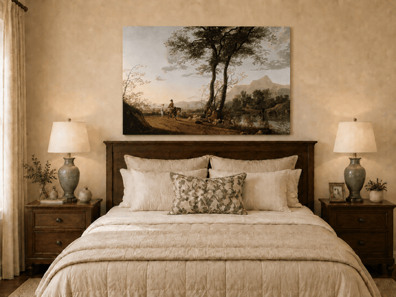 Unframed hand-painted riverside path oil painting with figures, a horse and sheep displayed above a wooden bed in a neutral bedroom.