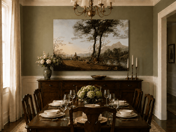 Unframed hand-painted riverside path oil painting with figures, a horse and sheep displayed above a formal dining table.
