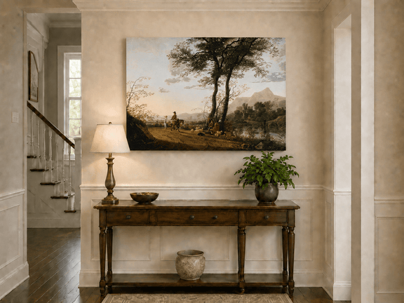 Unframed hand-painted riverside path oil painting with figures, a horse and sheep displayed above an entryway console table.
