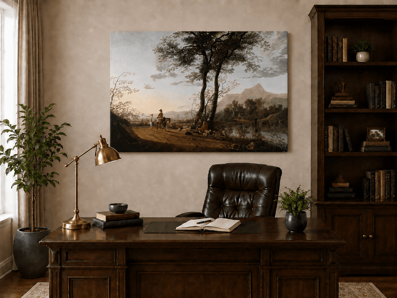 Unframed hand-painted riverside path oil painting with figures, a horse and sheep displayed above a traditional home office desk.