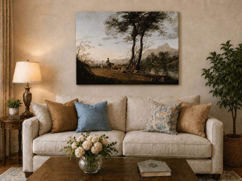 Unframed hand-painted riverside path oil painting with figures, a horse and sheep displayed above a neutral living room sofa.