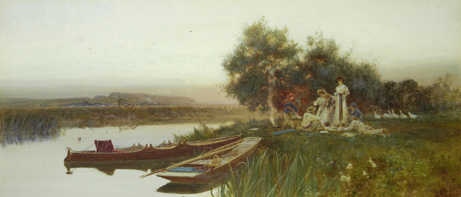 Riverside Picnic with Boats at Sunset - Landscape Oil Painting - Oil Painting Haven
