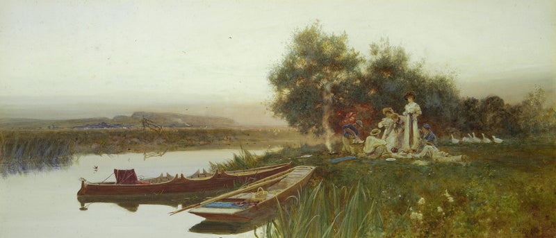 Riverside Picnic with Boats at Sunset - Landscape Oil Painting - Oil Painting Haven