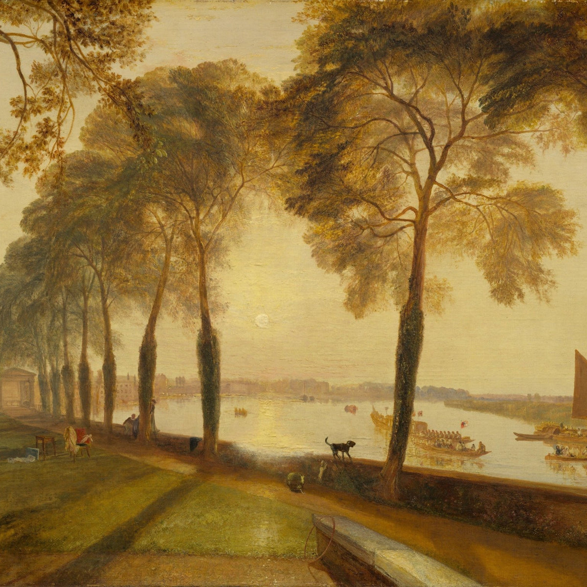 Hand-painted riverside promenade with boats at sunset landscape oil painting on canvas