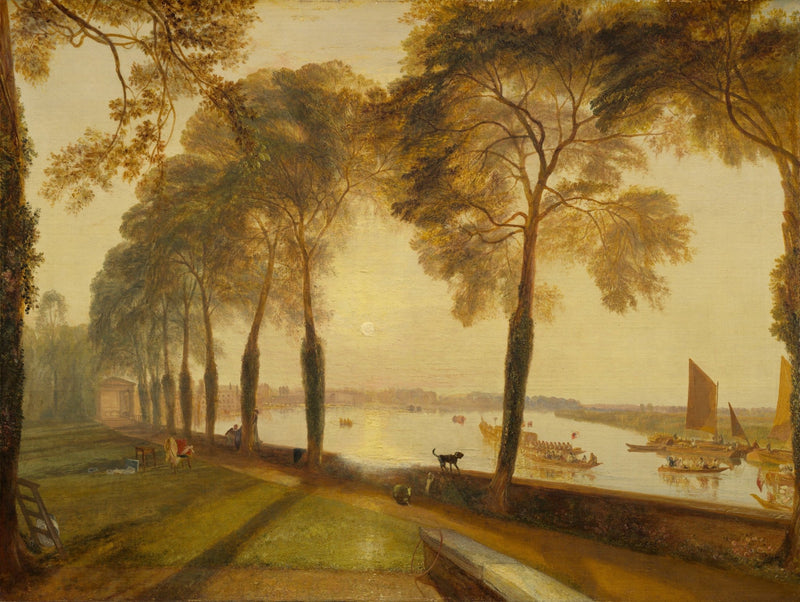 Hand-painted riverside promenade with boats at sunset landscape oil painting on canvas