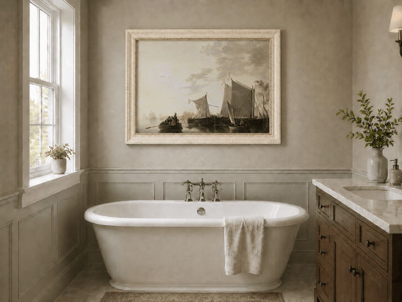 Framed hand-painted riverside oil painting with sailing ships and figures displayed above a freestanding bathtub.