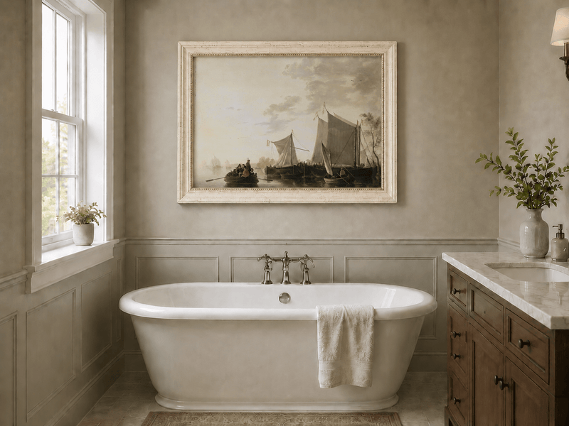 Framed hand-painted riverside oil painting with sailing ships and figures displayed above a freestanding bathtub.