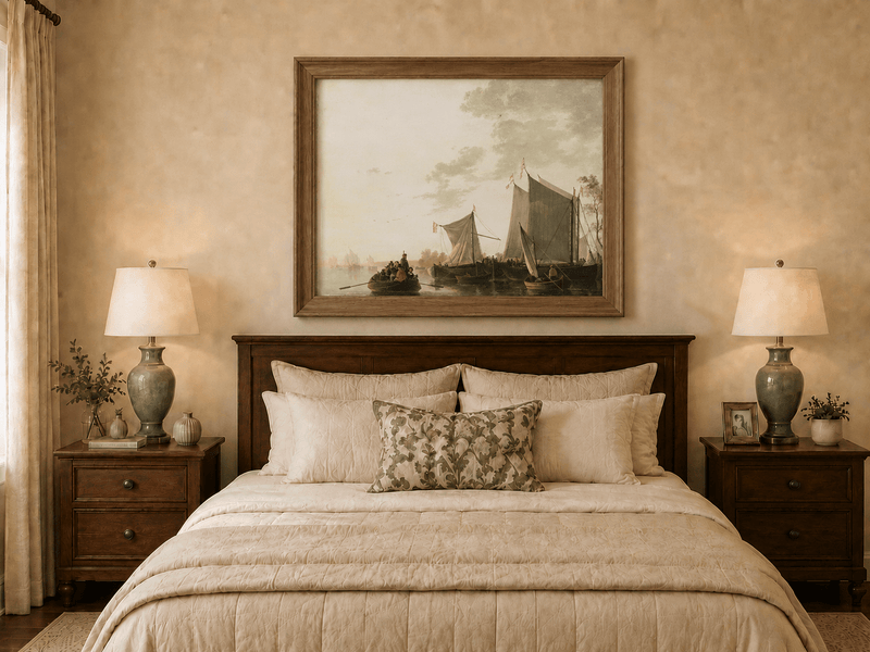 Framed hand-painted riverside oil painting with sailing ships and figures displayed above a wooden bed in a neutral bedroom.