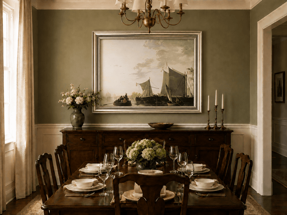 Framed hand-painted riverside oil painting with sailing ships and figures displayed above a formal dining table.