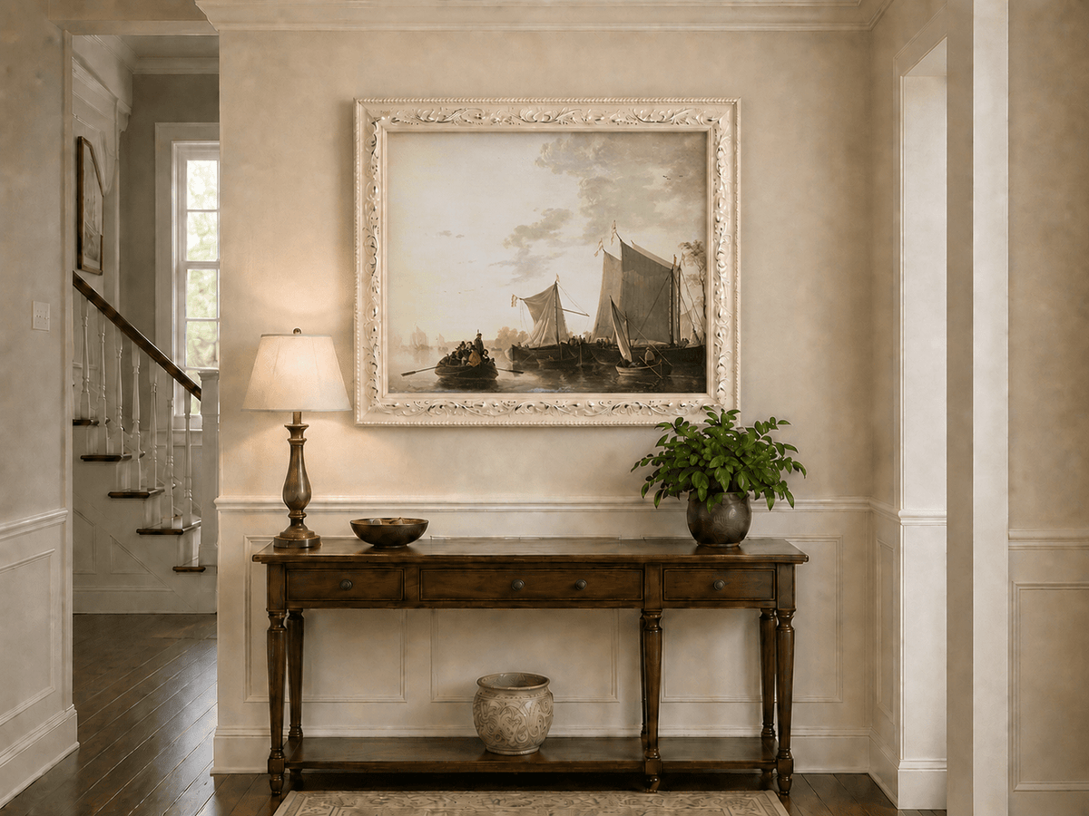 Framed hand-painted riverside oil painting with sailing ships and figures displayed above an entryway console table.