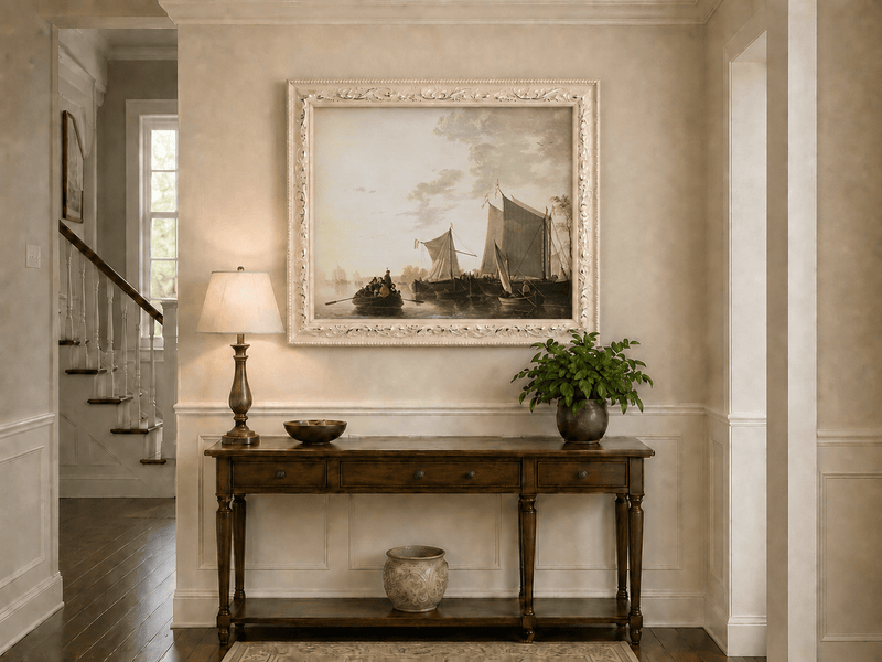 Framed hand-painted riverside oil painting with sailing ships and figures displayed above an entryway console table.