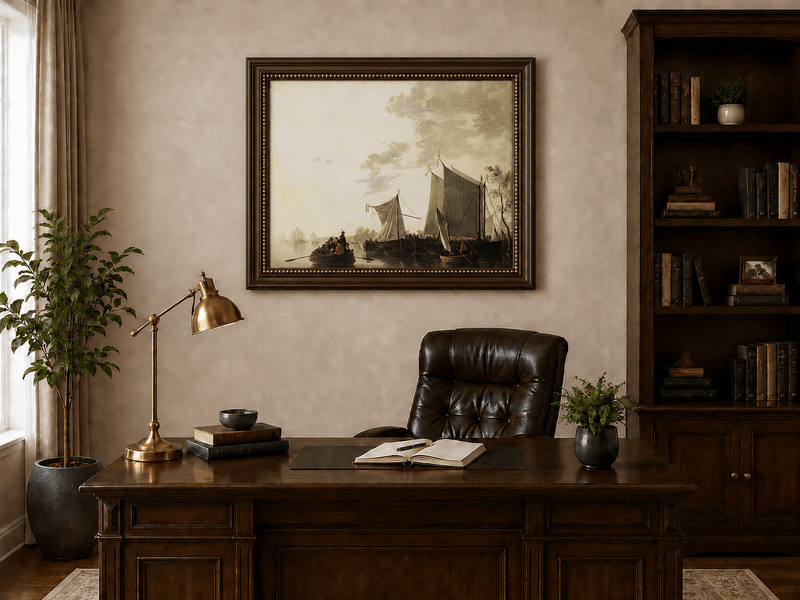 Framed hand-painted riverside oil painting with sailing ships and figures displayed above a traditional home office desk.