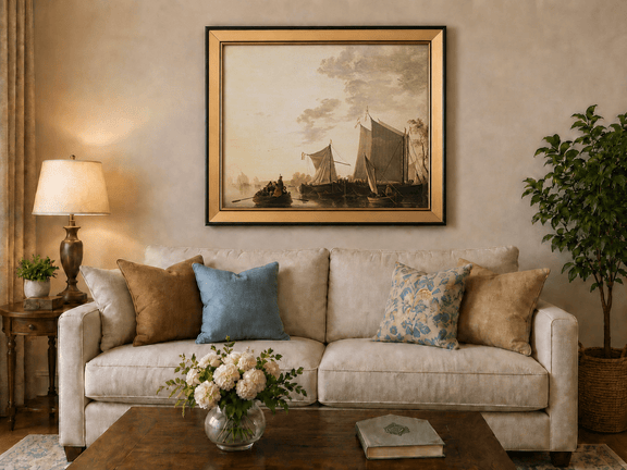 Framed hand-painted riverside oil painting with sailing ships and figures displayed above a neutral living room sofa.