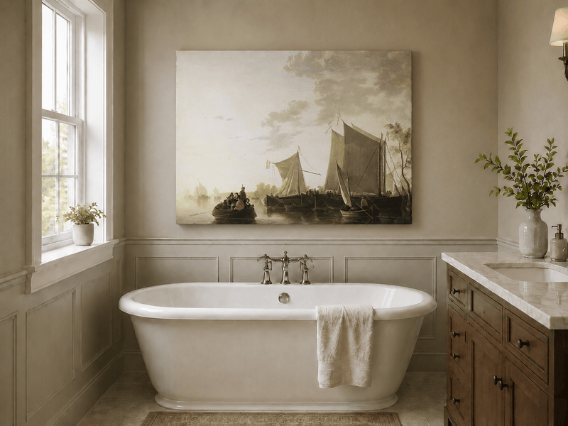 Unframed hand-painted riverside oil painting with sailing ships and figures displayed above a freestanding bathtub.