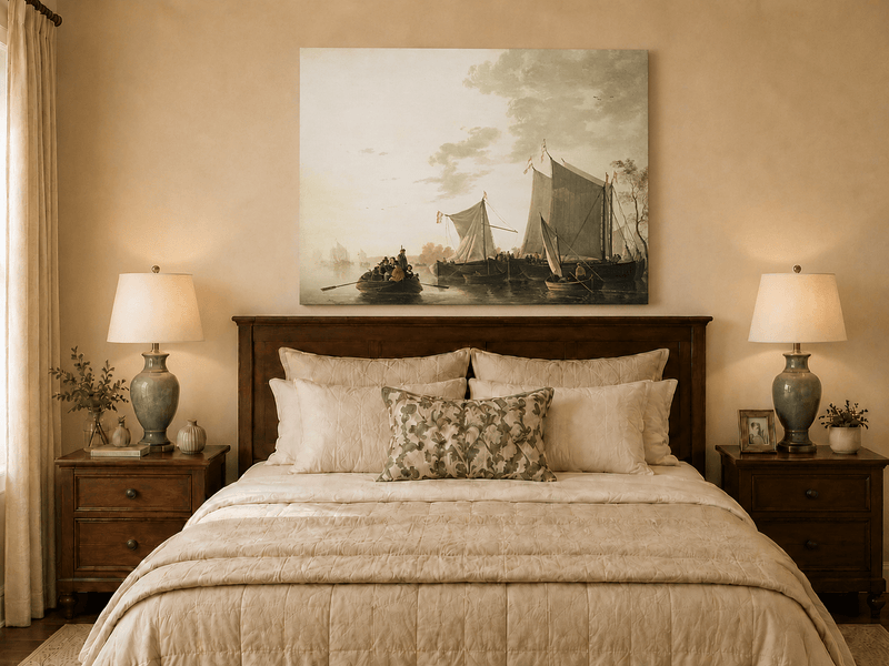 Unframed hand-painted riverside oil painting with sailing ships and figures displayed above a wooden bed in a neutral bedroom.