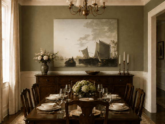 Unframed hand-painted riverside oil painting with sailing ships and figures displayed above a formal dining table.