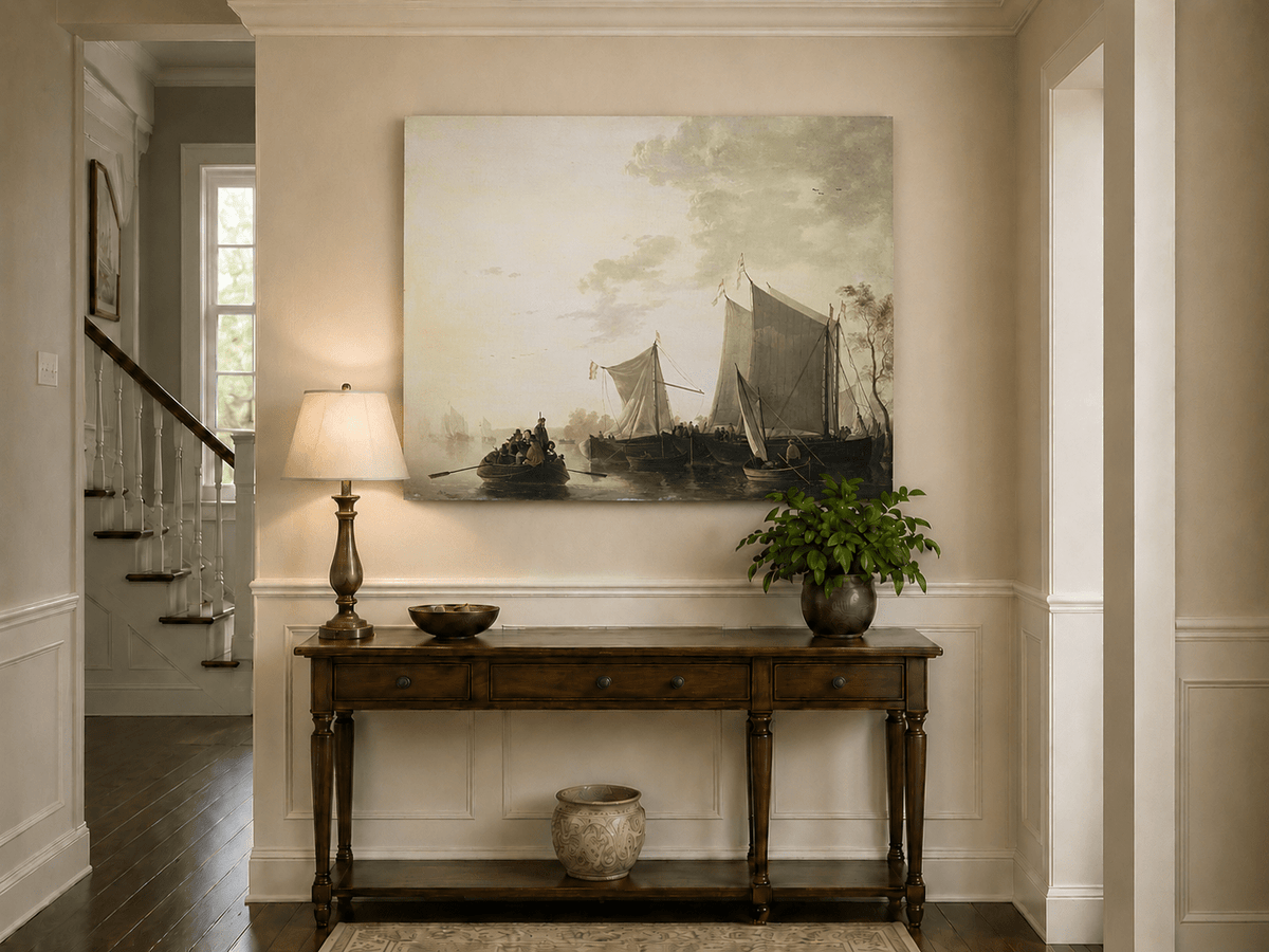 Unframed hand-painted riverside oil painting with sailing ships and figures displayed above an entryway console table.