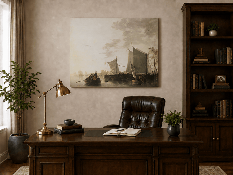 Unframed hand-painted riverside oil painting with sailing ships and figures displayed above a traditional home office desk.