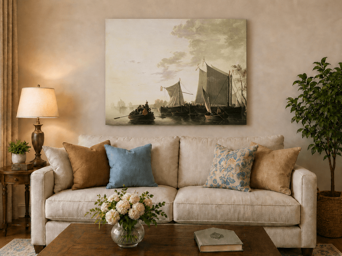 Unframed hand-painted riverside oil painting with sailing ships and figures displayed above a neutral living room sofa.