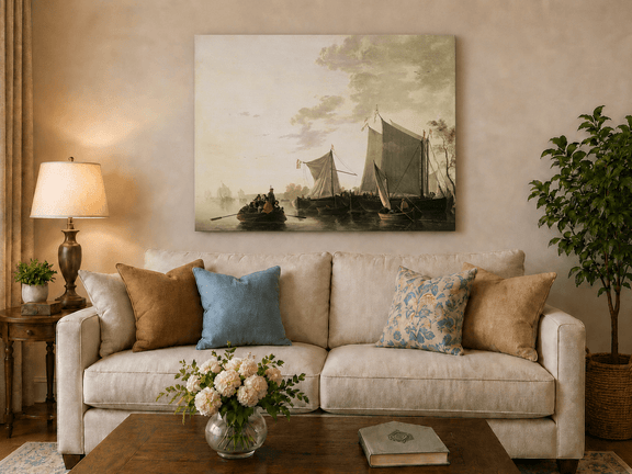 Unframed hand-painted riverside oil painting with sailing ships and figures displayed above a neutral living room sofa.