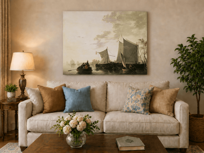 Unframed hand-painted riverside oil painting with sailing ships and figures displayed above a neutral living room sofa.