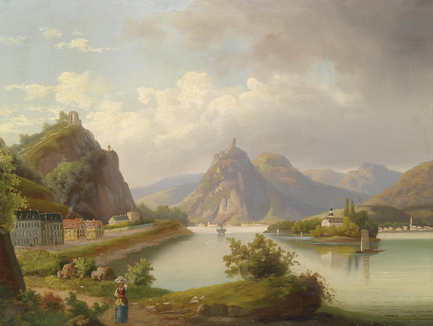 Riverside Town, Distant Mountains | Hand - Painted Landscape Oil Painting - Oil Painting Haven