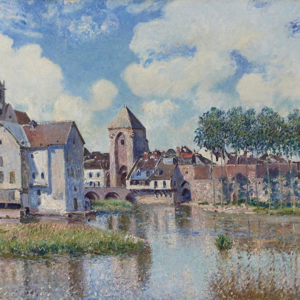 Riverside Town with Church and Bridge - Landscape Oil Painting - Oil Painting Haven