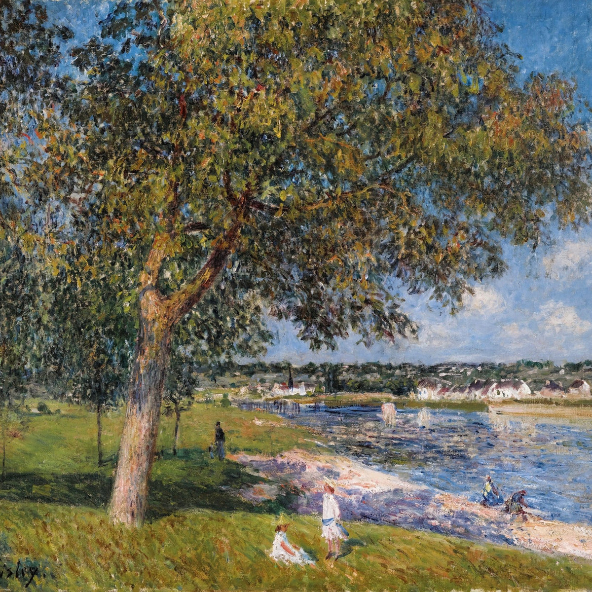 Riverside Trees and Summer Village View - Landscape Oil Painting - Oil Painting Haven
