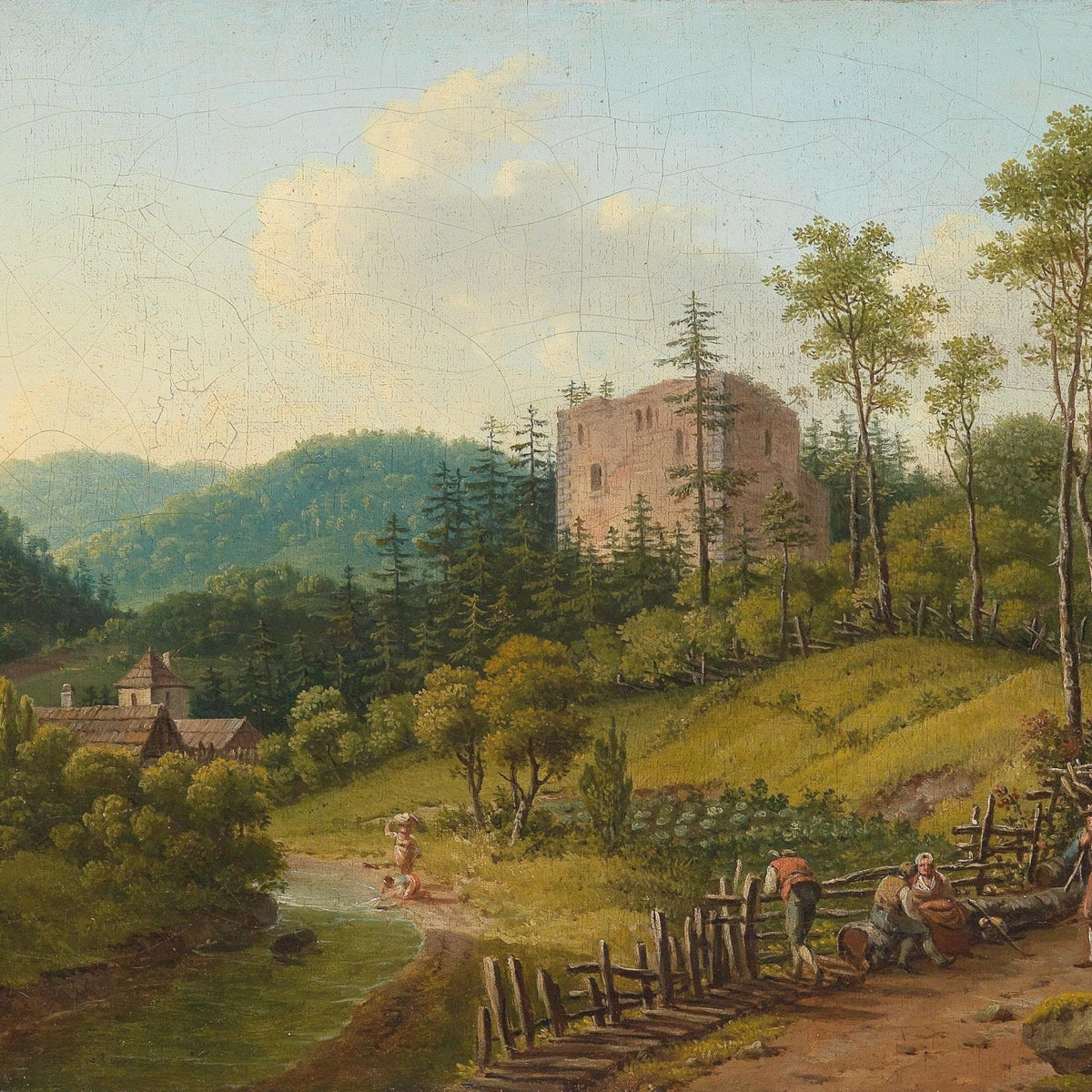 Riverside Village and Castle Ruins – Landscape Oil Painting - Oil Painting Haven