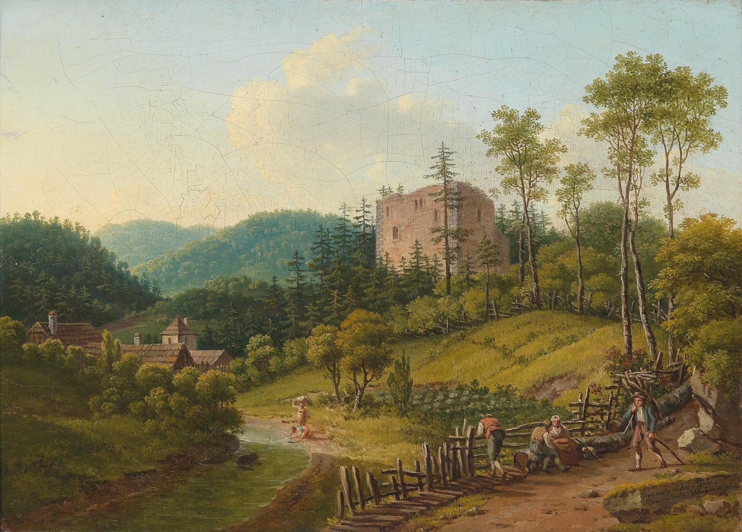 Riverside Village and Castle Ruins – Landscape Oil Painting - Oil Painting Haven