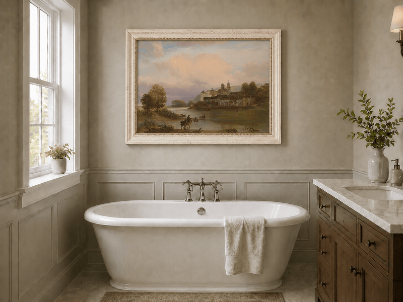 Framed hand-painted riverside village oil painting with calm water in a soft evening glow displayed above a freestanding bathtub.
