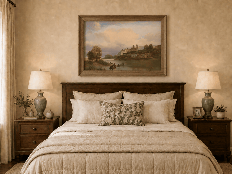 Framed hand-painted riverside village oil painting with calm water in a soft evening glow displayed above a wooden bed in a neutral bedroom.