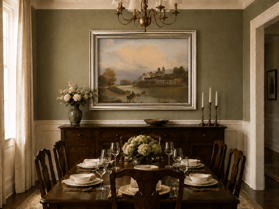 Framed hand-painted riverside village oil painting with calm water in a soft evening glow displayed above a formal dining table.