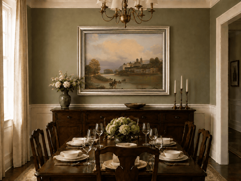 Framed hand-painted riverside village oil painting with calm water in a soft evening glow displayed above a formal dining table.
