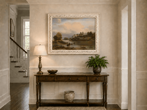 Framed hand-painted riverside village oil painting with calm water in a soft evening glow displayed above an entryway console table.