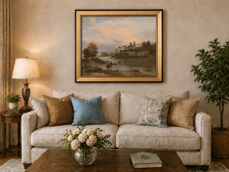 Framed hand-painted riverside village oil painting with calm water in a soft evening glow displayed above a neutral living room sofa.