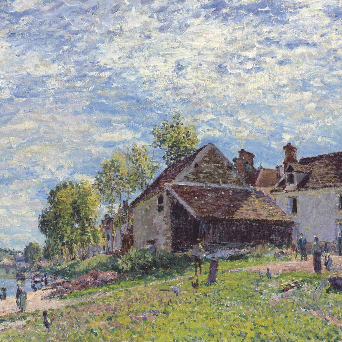 Riverside Village Houses in Soft Light - Landscape Oil Painting - Oil Painting Haven