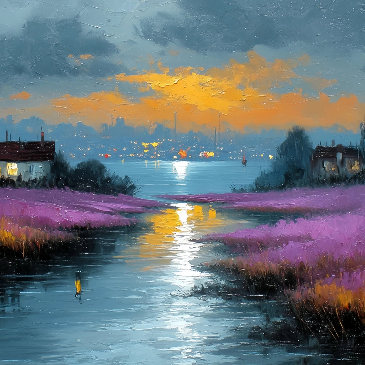 Riverside Village Purple Fields Original Oil Painting For Sale - Oil Painting Haven