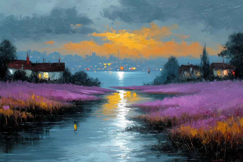 Riverside Village Purple Fields Original Oil Painting For Sale - Oil Painting Haven