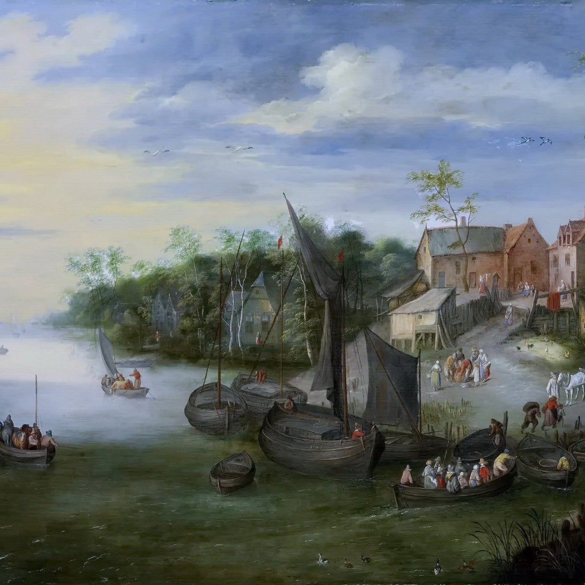 Riverside Village with Boats and Sailboats - Landscape Oil Painting - Oil Painting Haven