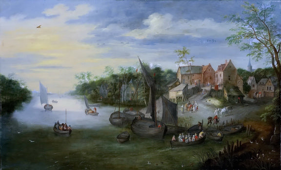 Riverside Village with Boats and Sailboats - Landscape Oil Painting - Oil Painting Haven
