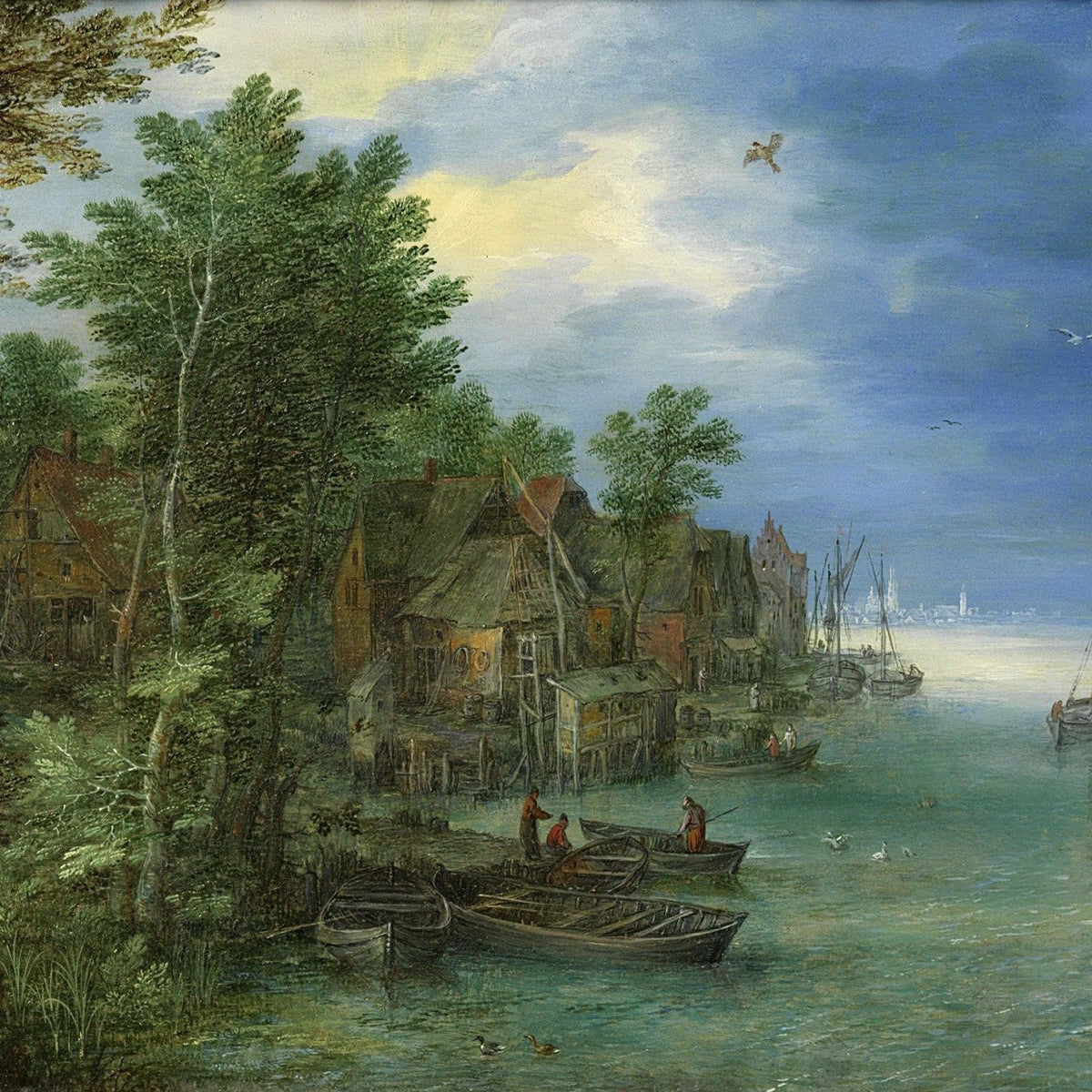 Hand-painted riverside village with boats and sailboats landscape oil painting on canvas