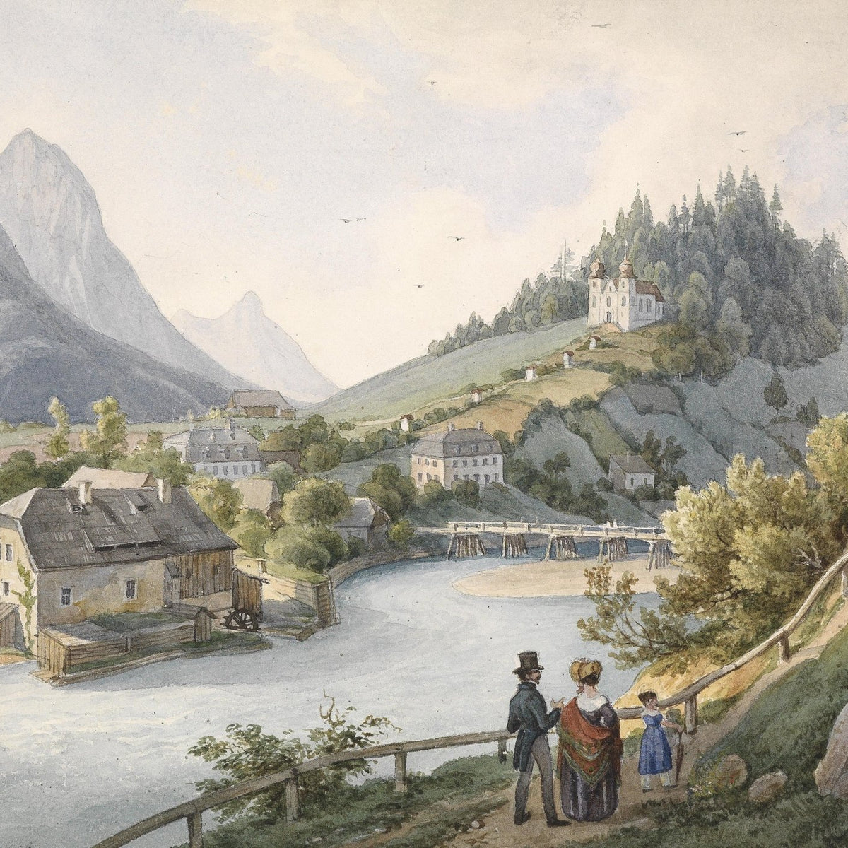 Riverside Village with Mountains | Hand - Painted Landscape Oil Painting - Oil Painting Haven