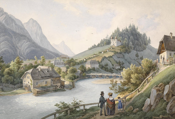Riverside Village with Mountains | Hand - Painted Landscape Oil Painting - Oil Painting Haven