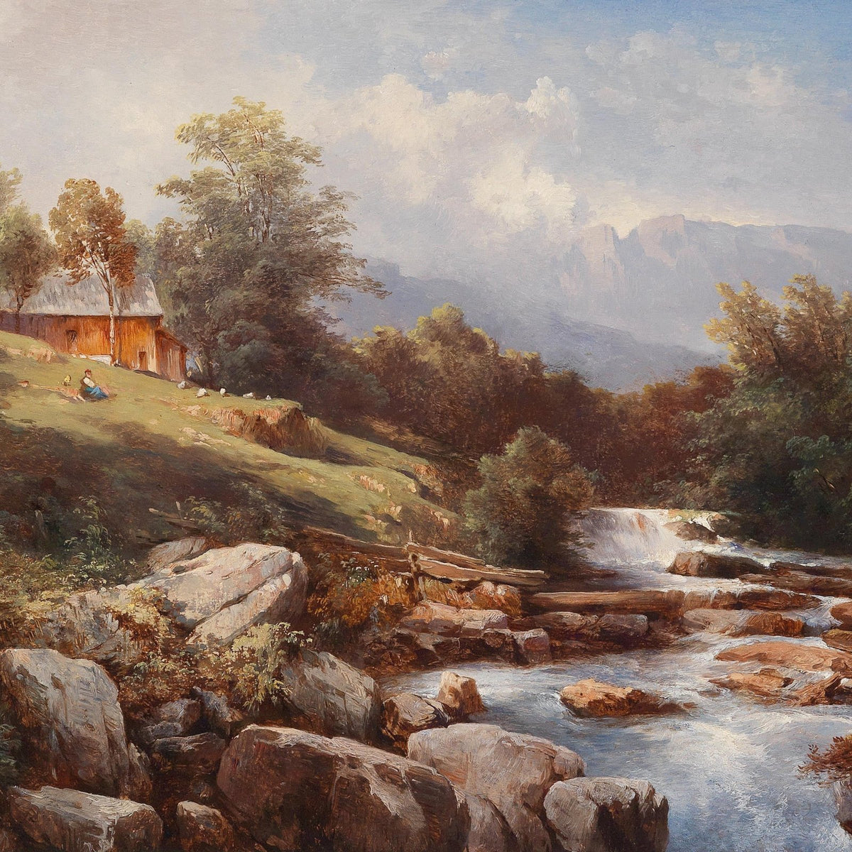Riverside Waterfall Cabin – Hand - Painted Landscape Oil Painting - Oil Painting Haven