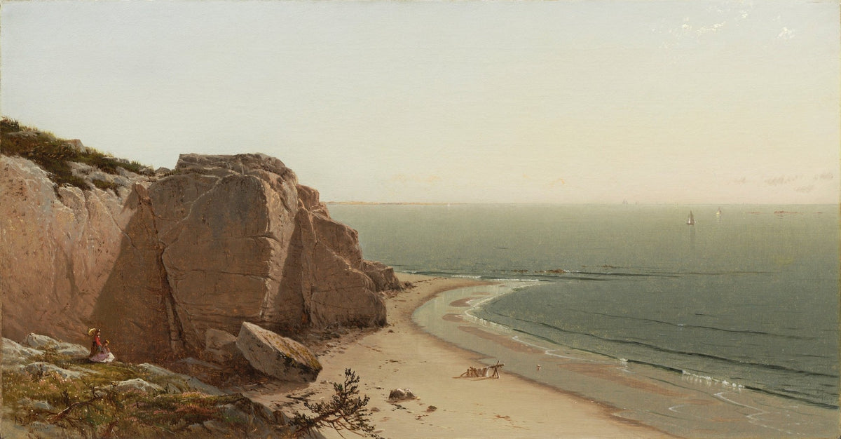 Hand-painted rocky coastal cliff and quiet beach landscape oil painting on canvas