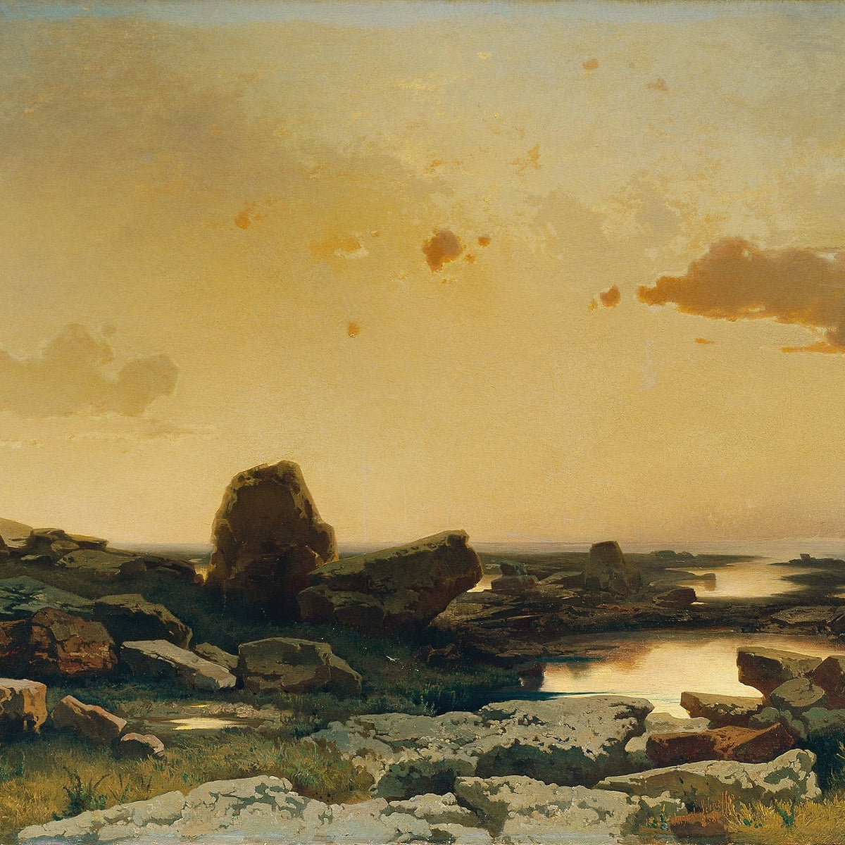 Rocky Coastal Shore at Golden Sunset - Landscape Oil Painting - Oil Painting Haven